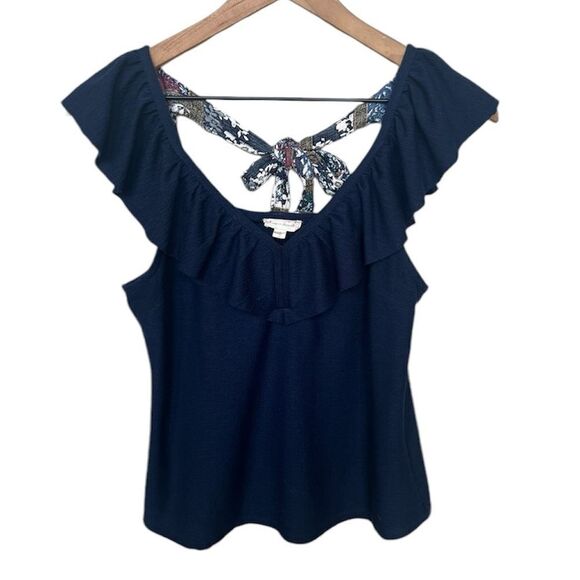 Hem & Thread Navy Blue Ruffle Neckline Tie Back Shirt Size Small - Picture 1 of 9